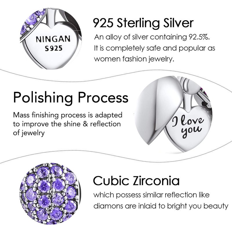 NINGAN â€œI Love Youâ€ Light Purple Love Heart Dange Charm 925 Sterling Silver Pendant Beads fit Bracelets & Necklaces, Birthday Gift for Women - Image 4